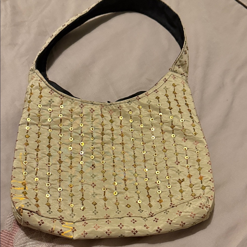 Tan and Gold Sequin Shoulder Bag